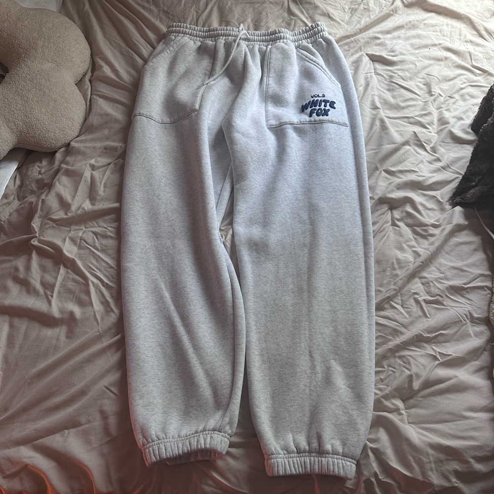 White Fox Offstage Mineral Grey sweatpants with blue letters, Size Xl